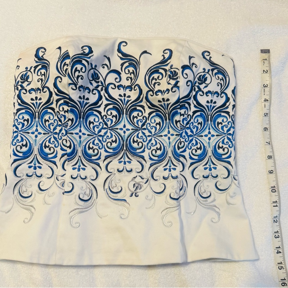 White House Black Market White Strapless Bustier Top with Blue Embroidery